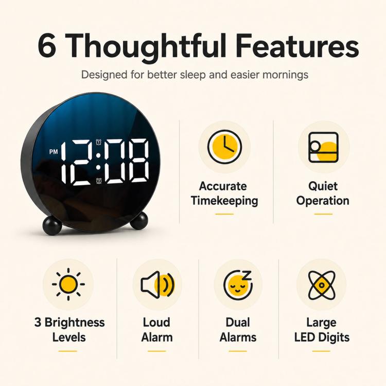 Circular LED alarm clock with blue LED digits, black frame, adjustable brightness feature shown