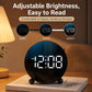 Circular LED alarm clock with blue LED digits, black frame and adjustable brightness levels shown