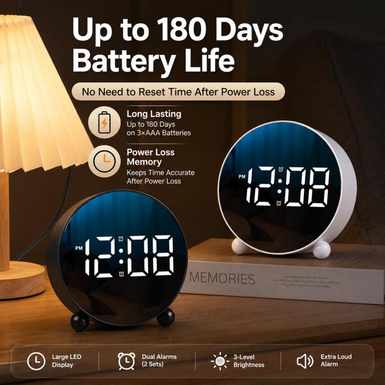 Circular LED alarm clock with blue LED time digits, black frame and dual alarm indicators