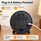Circular LED alarm clock back view, control buttons, DC 5V input, and battery compartment