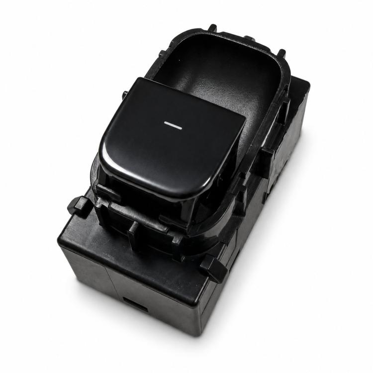 Black window lift switch button with small horizontal indicator in molded housing