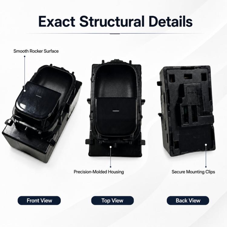 Black window lift switch button shown front, top, and back with mounting clips