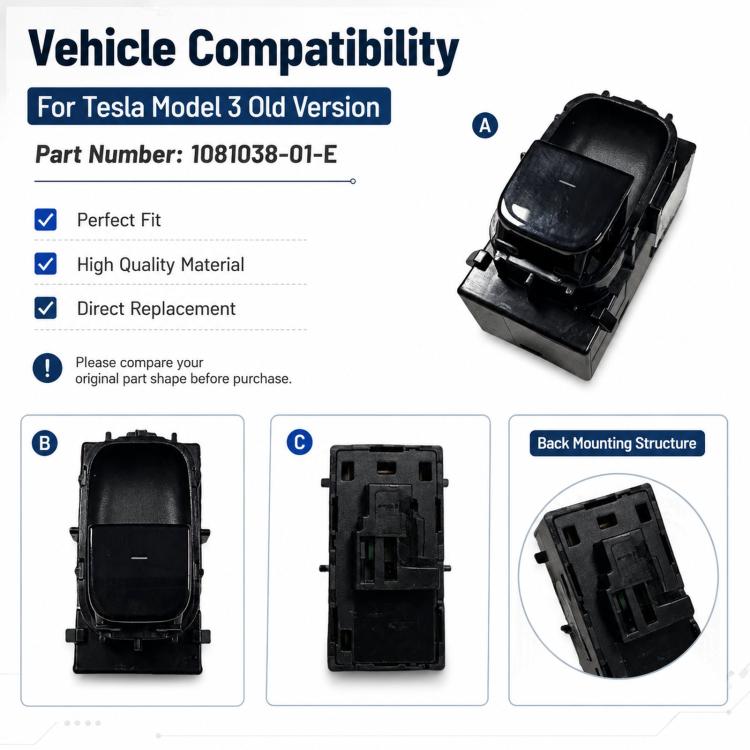 Black window lift switch button with molded housing and mounting structure, rear view