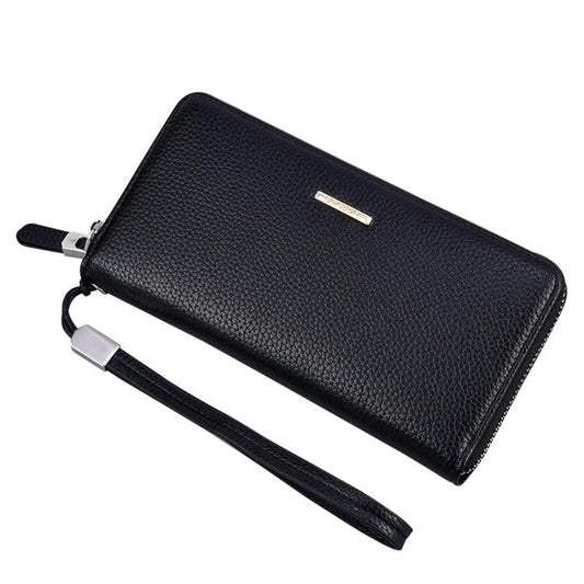 Black long men’s zipper wallet with wrist strap and textured leather finish