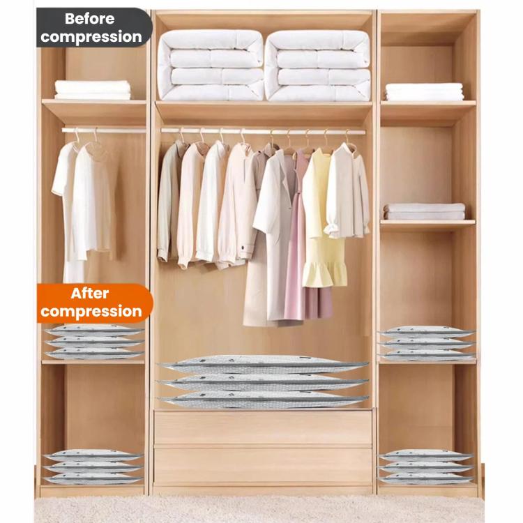 Vacuum compression bags in a closet showing before and after compact storage space