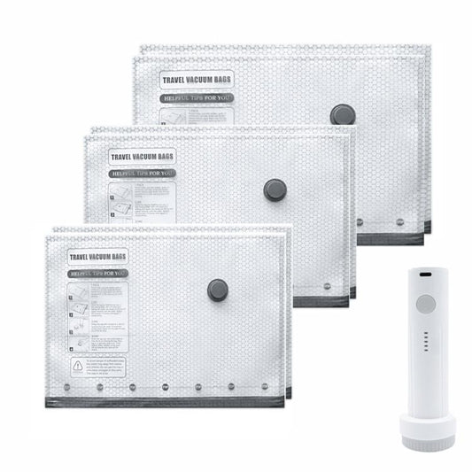 Set of clear vacuum compression storage bags with gray valves and included hand pump