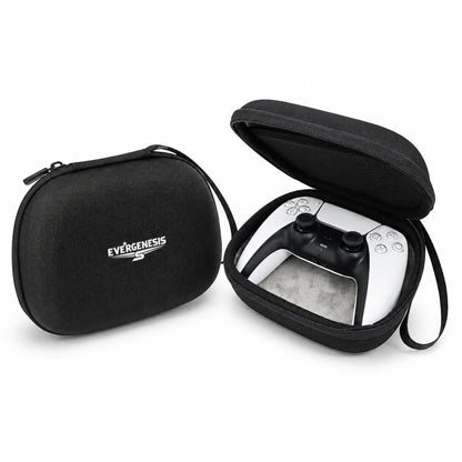 Hard-shell controller storage case in black fabric with zipper and wrist strap