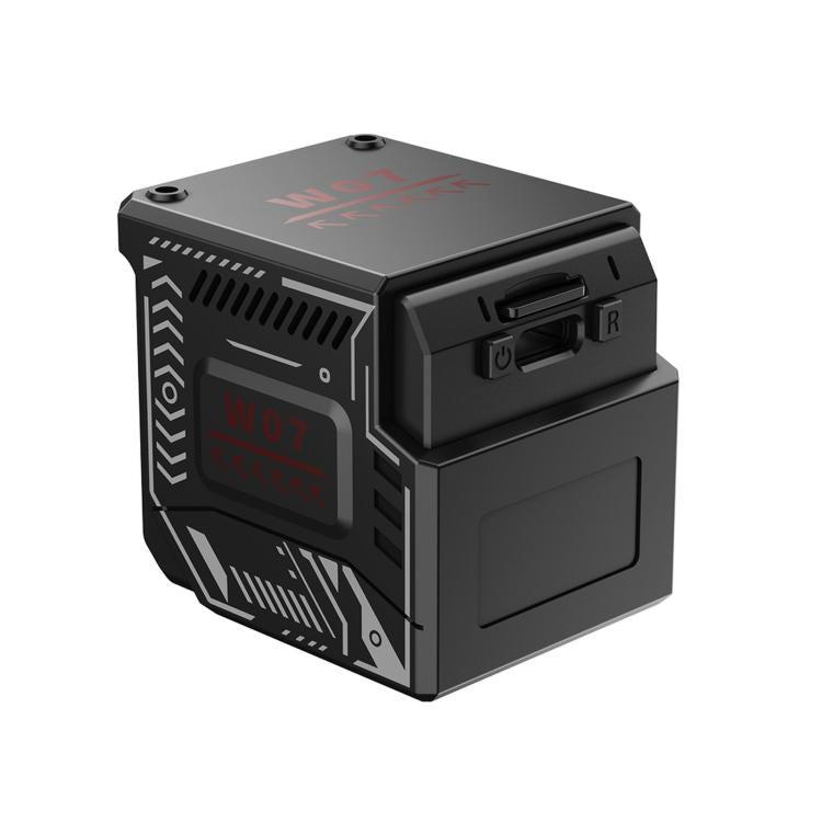 Black cube security camera with side panel ports and mounting bracket