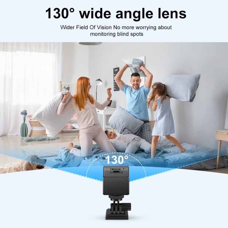 Compact black security camera with 130° wide-angle lens view