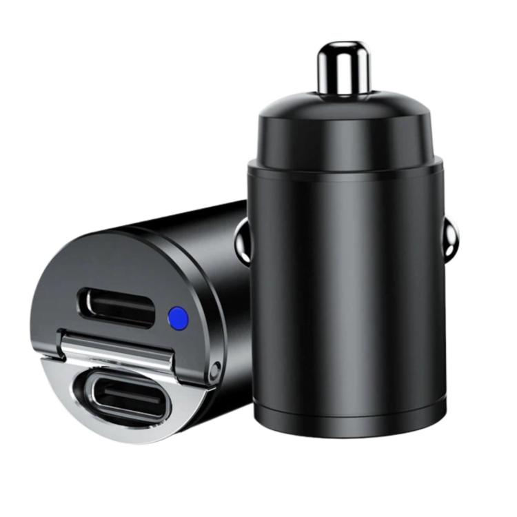 Black mini car fast charger with dual ports and pull-ring top.