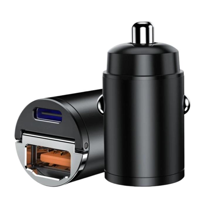 Black mini car fast charger with dual ports, Type-C slot, and pull-ring top.
