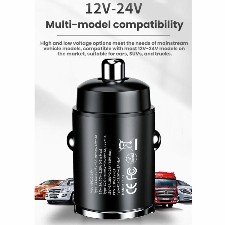 Black mini car fast charger with pull-ring top and rear certification labels.