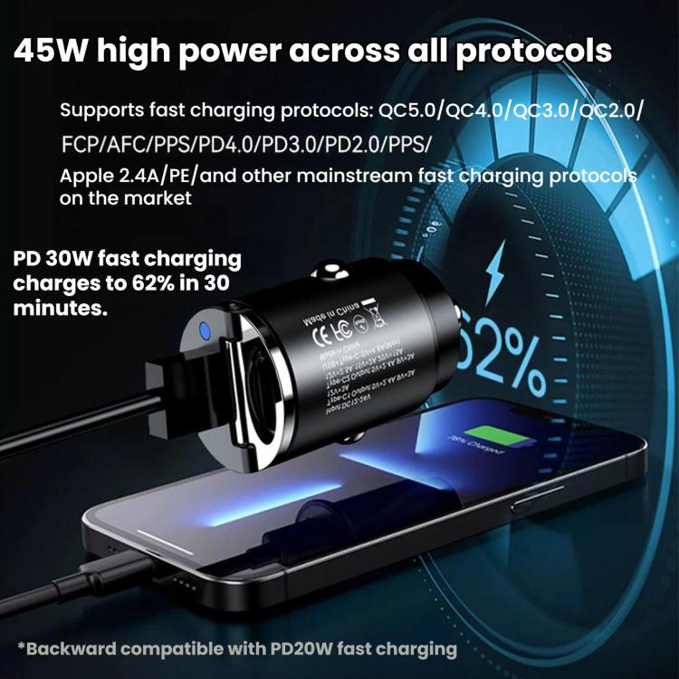 Black 45W mini car fast charger with pull-ring top connected to a device.
