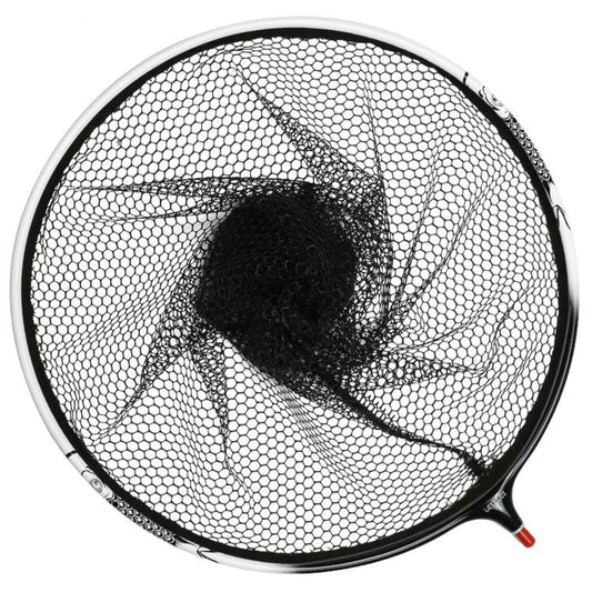 Round fine-mesh landing net head with white mesh pattern and black border