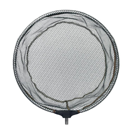 Foldable fishing landing net head with dark rubber-coated mesh and round frame