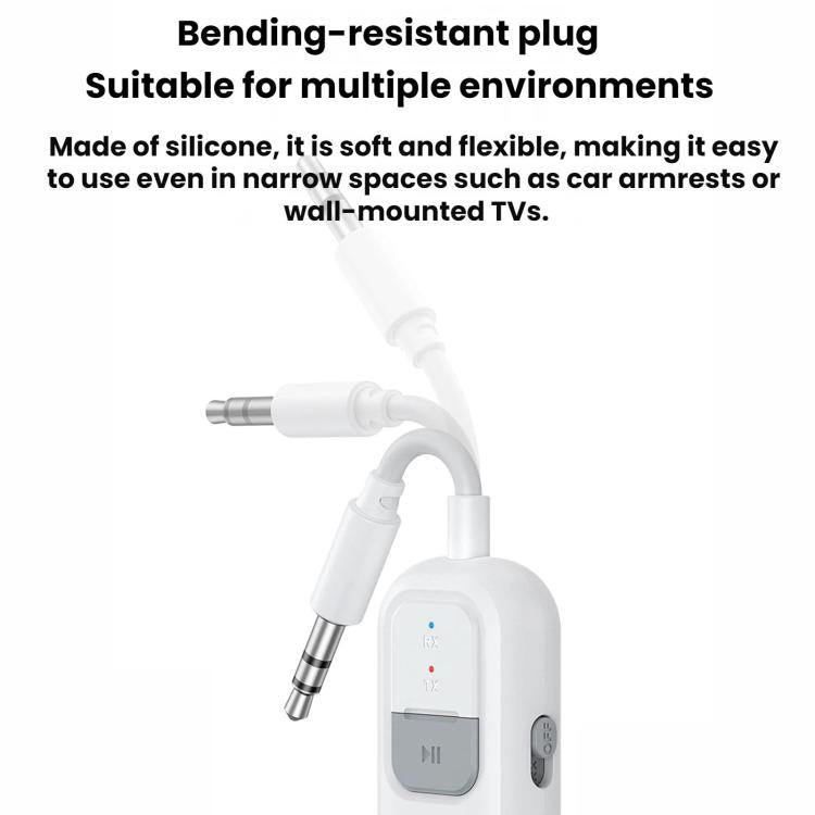 White Bluetooth AUX audio adapter with flexible silicone plug and 3.5mm jack