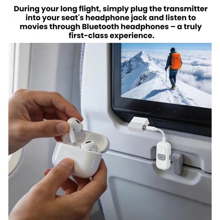 Bluetooth AUX audio adapter connected to headrest headphone jack for in-flight audio