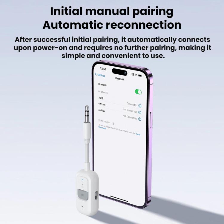 Bluetooth audio adapter with phone pairing screen showing automatic reconnection