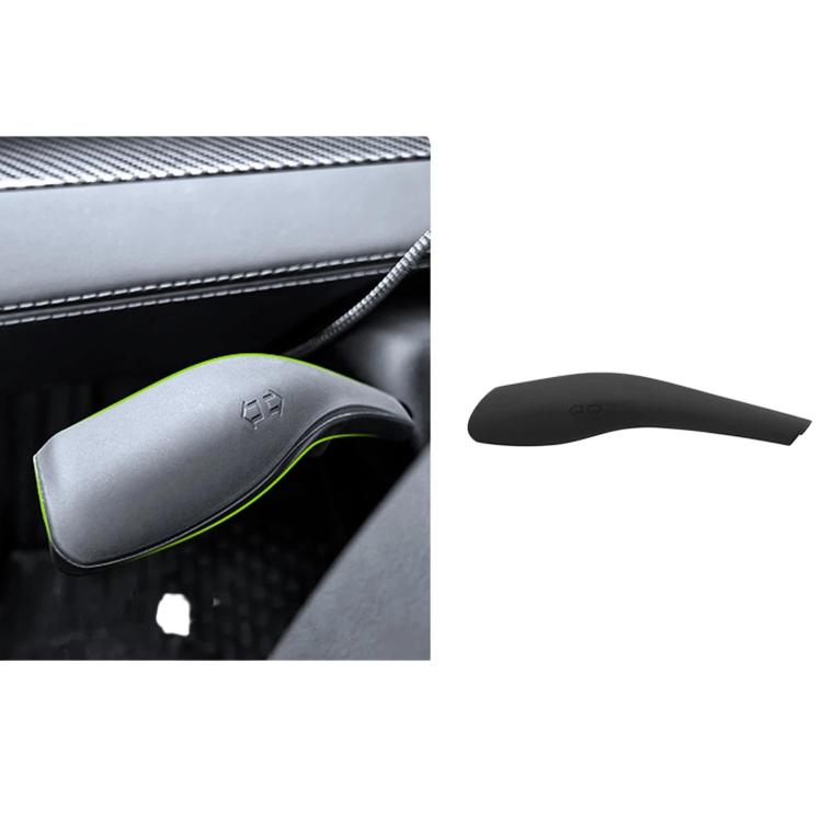 Steering column control stalk cover in dark gray with neon green edge, molded fit