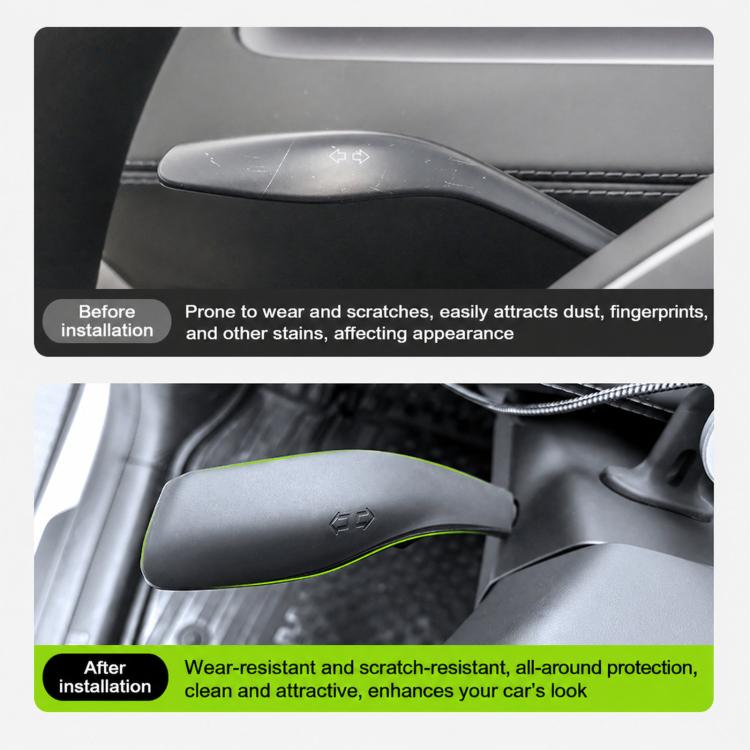Installed steering column control cover in dark gray with neon green border, close-up