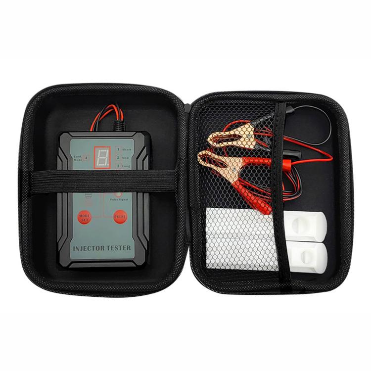 Fuel injector tester in open carrying case with leads, battery clamps, and two adapters