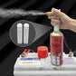 Fuel injector cleaner bottle connected to a fuel injector tester with leads and nozzle