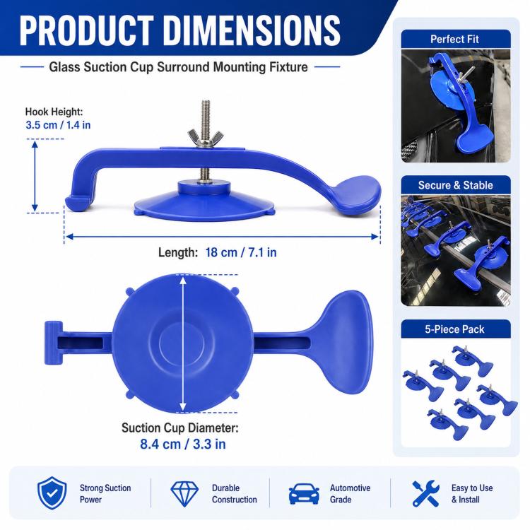 Blue suction cup surround mounting fixture with adjustable screw and long handle