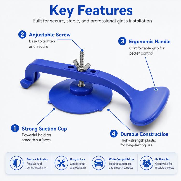 Blue car glass suction cup mounting fixture with ergonomic handle and screw clamp