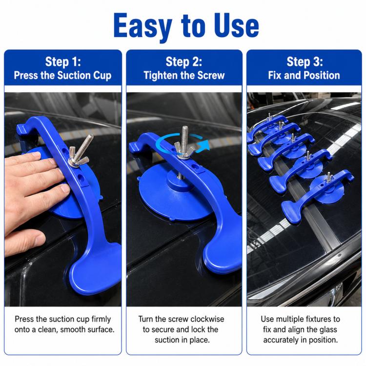 Hand pressing a blue suction cup mounting tool onto a car window
