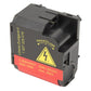 High-voltage headlight igniter module, side view with OPEN/CLOSE and warning triangle