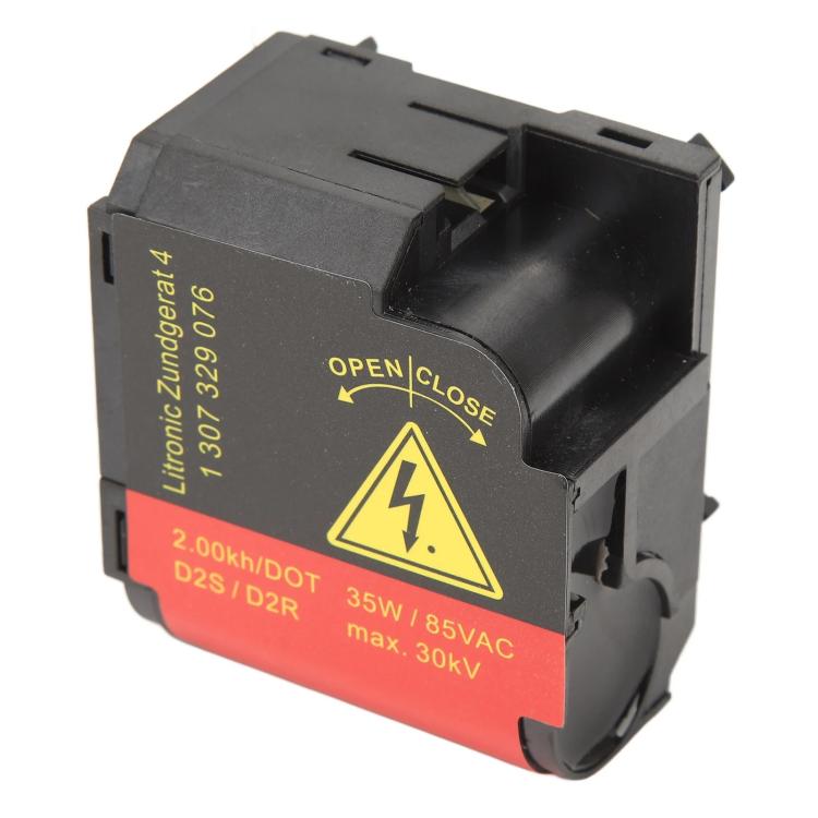 High-voltage headlight igniter module, side view with OPEN/CLOSE and warning triangle