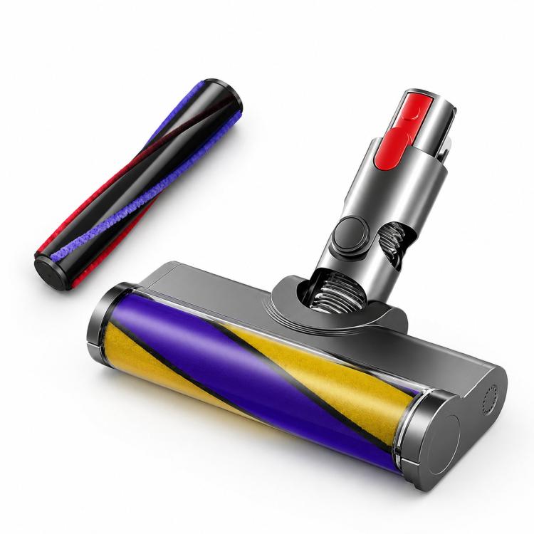 LED vacuum cleaner head with blue/red brush roller and gold/purple drum