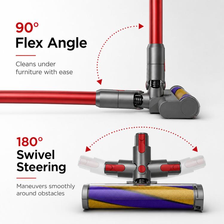 Vacuum floor tool on red wand with pivoted head and roller brush drum