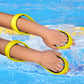 Yellow figure-eight swimming arm corrector on both forearms, open loop fit