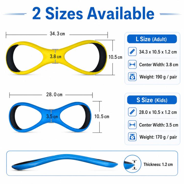 Figure-eight swimming arm corrector size diagram showing two loop sizes