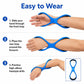 Blue figure-eight swimming arm corrector shown being worn with step-by-step loops