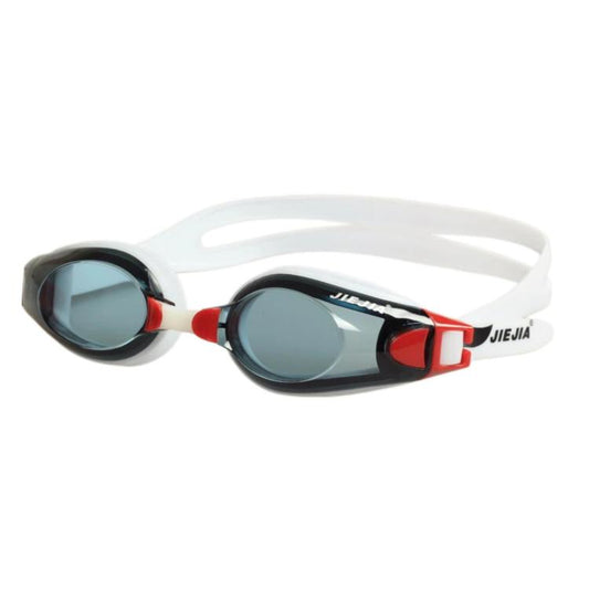 White swimming goggles with dark anti-fog lenses and red side accents