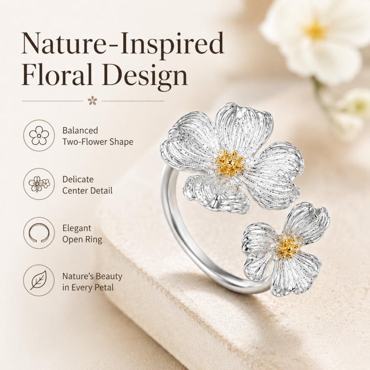 Silver open ring with two textured dogwood flower charms and gold centers