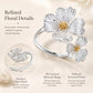 Silver dogwood blossom open ring with 3D textured petals and gold centers