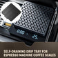 Black perforated espresso drip tray with blue lit display on coffee scale