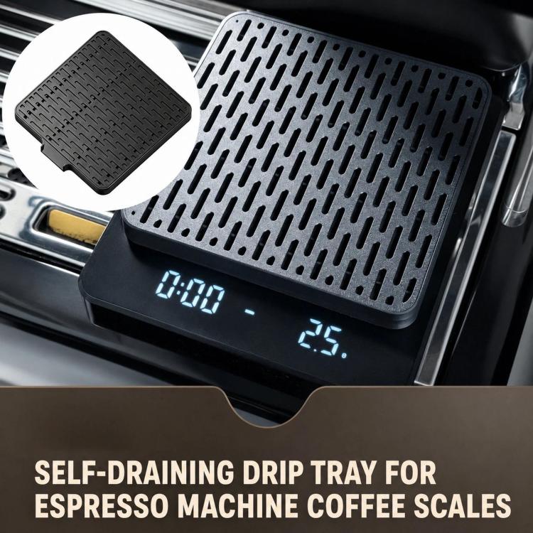 Black perforated espresso drip tray with blue lit display on coffee scale