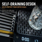 Black self-draining espresso drip tray with perforated insert and sloped edge