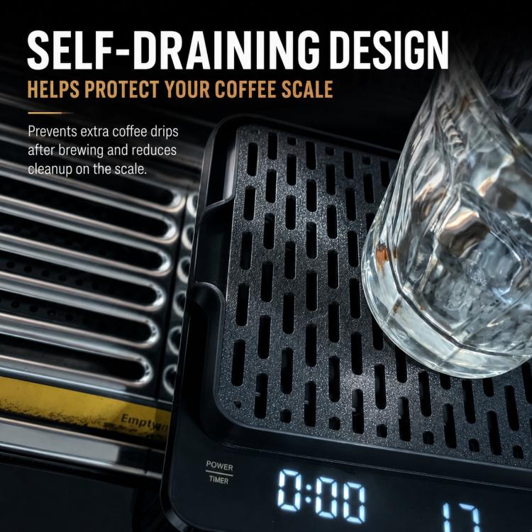 Black self-draining espresso drip tray with perforated insert and sloped edge