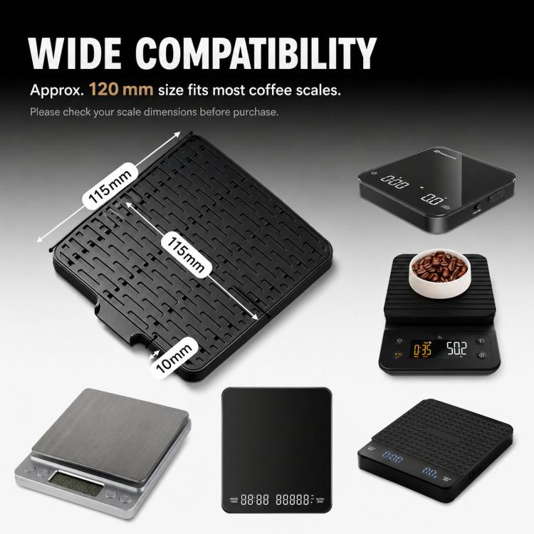 Black perforated espresso scale drip tray shown with size fit examples