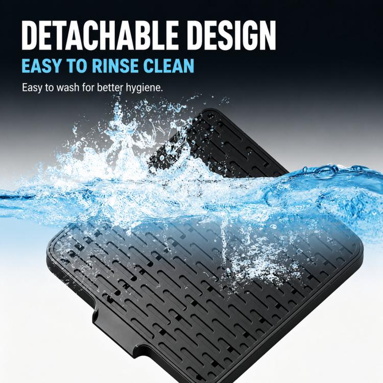 Black detachable espresso drip tray with perforated top and water-splash illustration