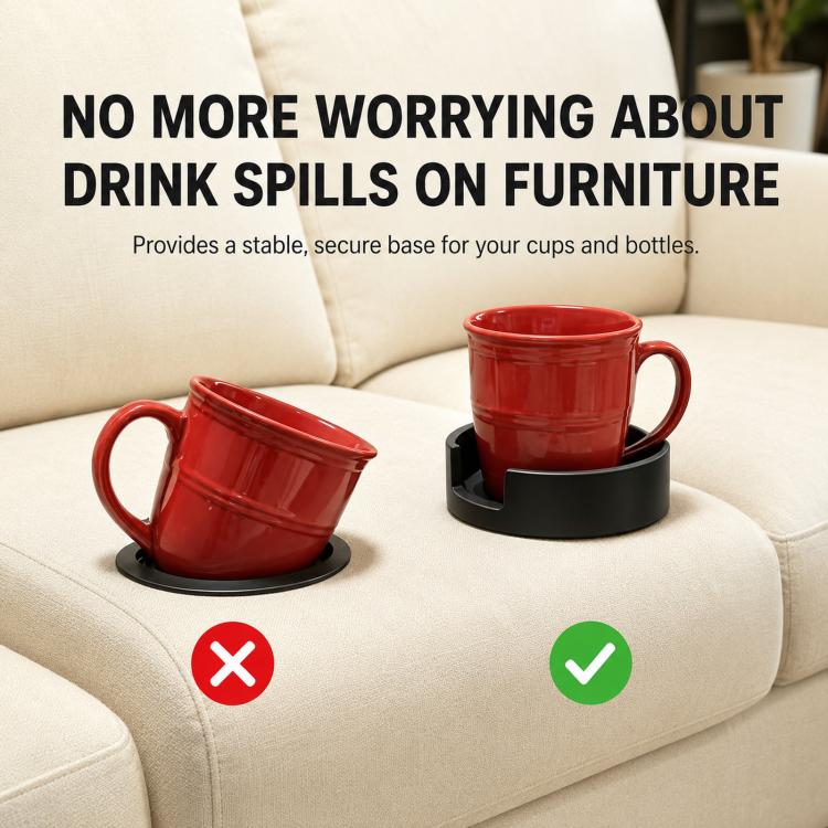 Black cup holder insert securing two mugs, raised ring base for drinks