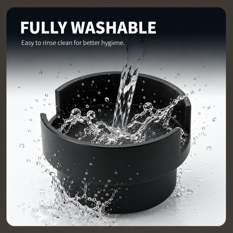 Black cup holder insert shown with water splashing into the open tray
