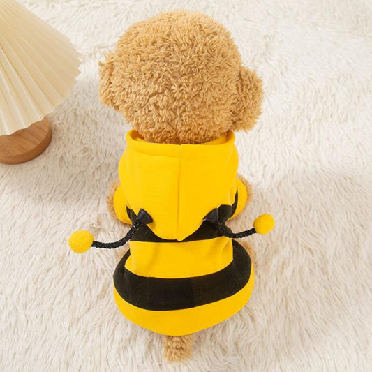 Yellow dog hoodie coat with black horizontal stripes and hood pom-pom