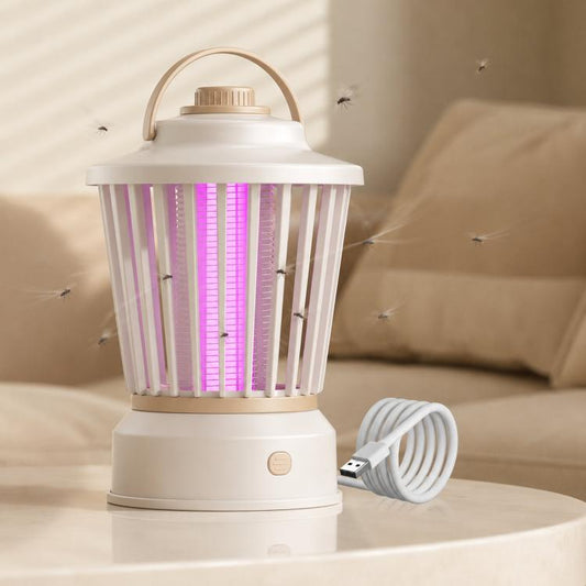 Portable mosquito-killing night light with beige lantern body and purple glow tubes