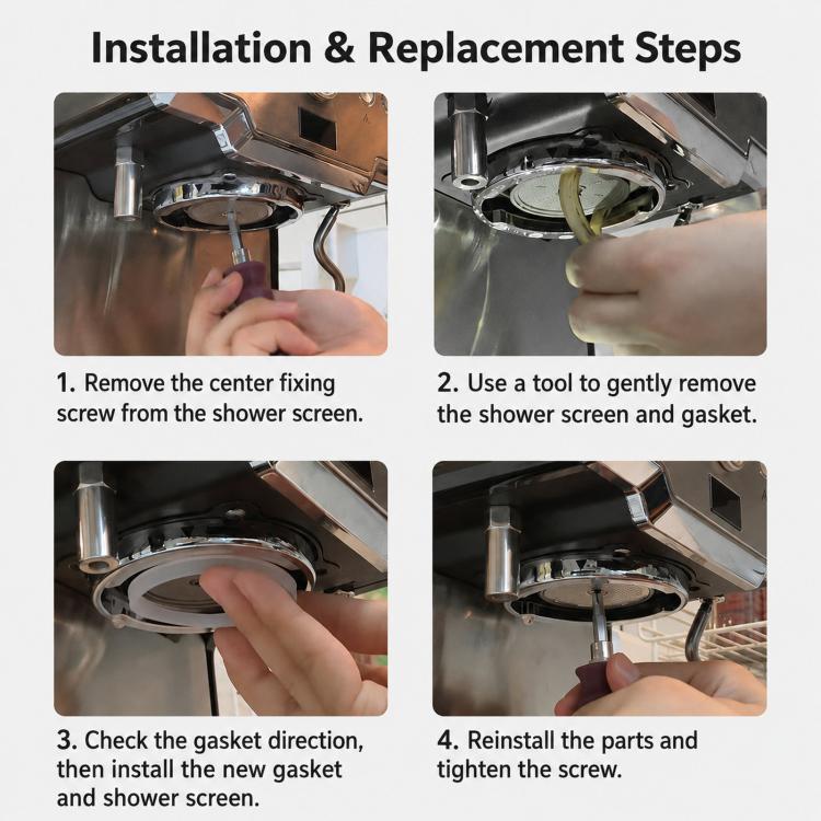 Installation steps diagram for espresso machine shower screen and gasket